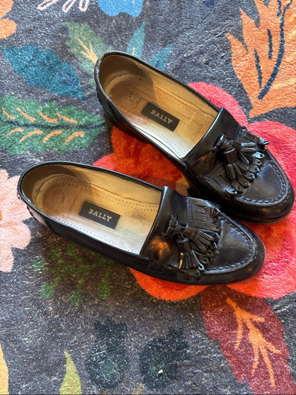Bally Black Leather Tassel Fringe Loafers